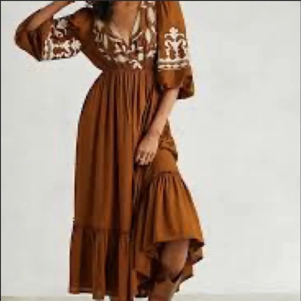 Anthropologie Boho Maxi Dress NWT Rich Brown Embroidered So Perfect & Stunning! - Picture 10 of 12